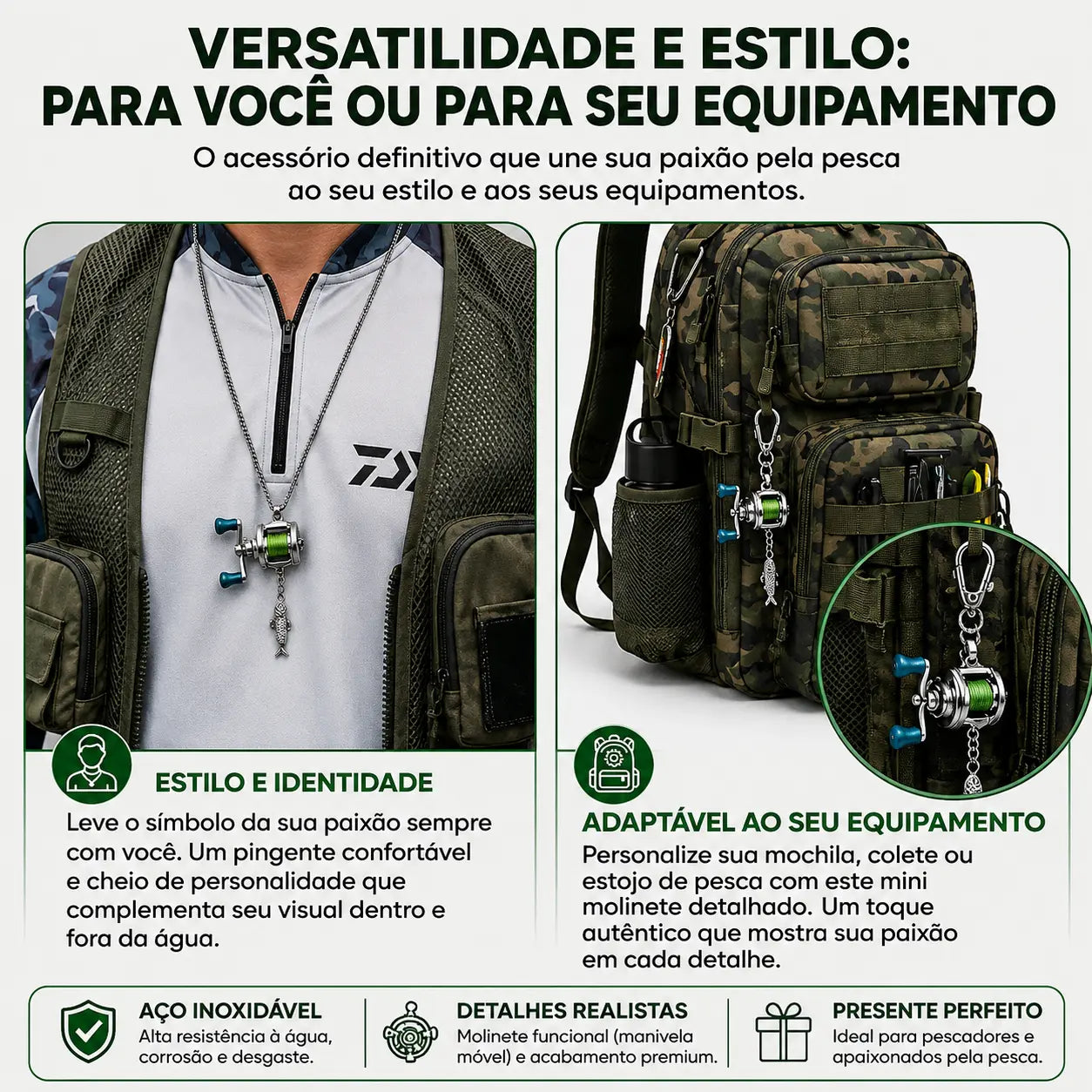FishChain — Colar Carretel de Pesca com Pingente de Peixe