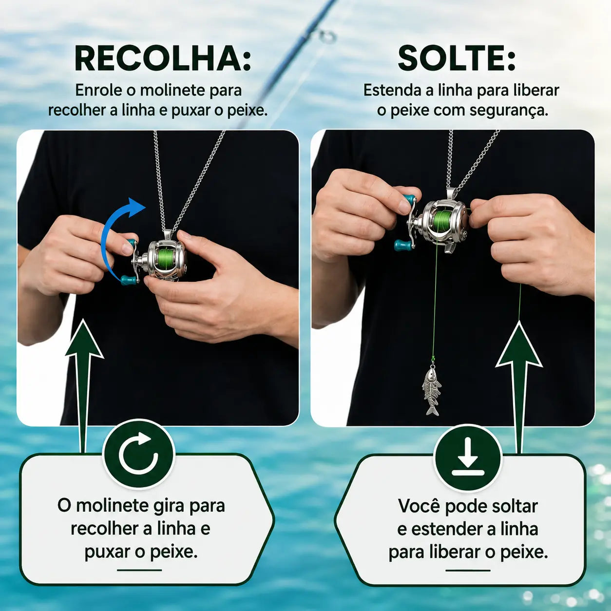 FishChain — Colar Carretel de Pesca com Pingente de Peixe