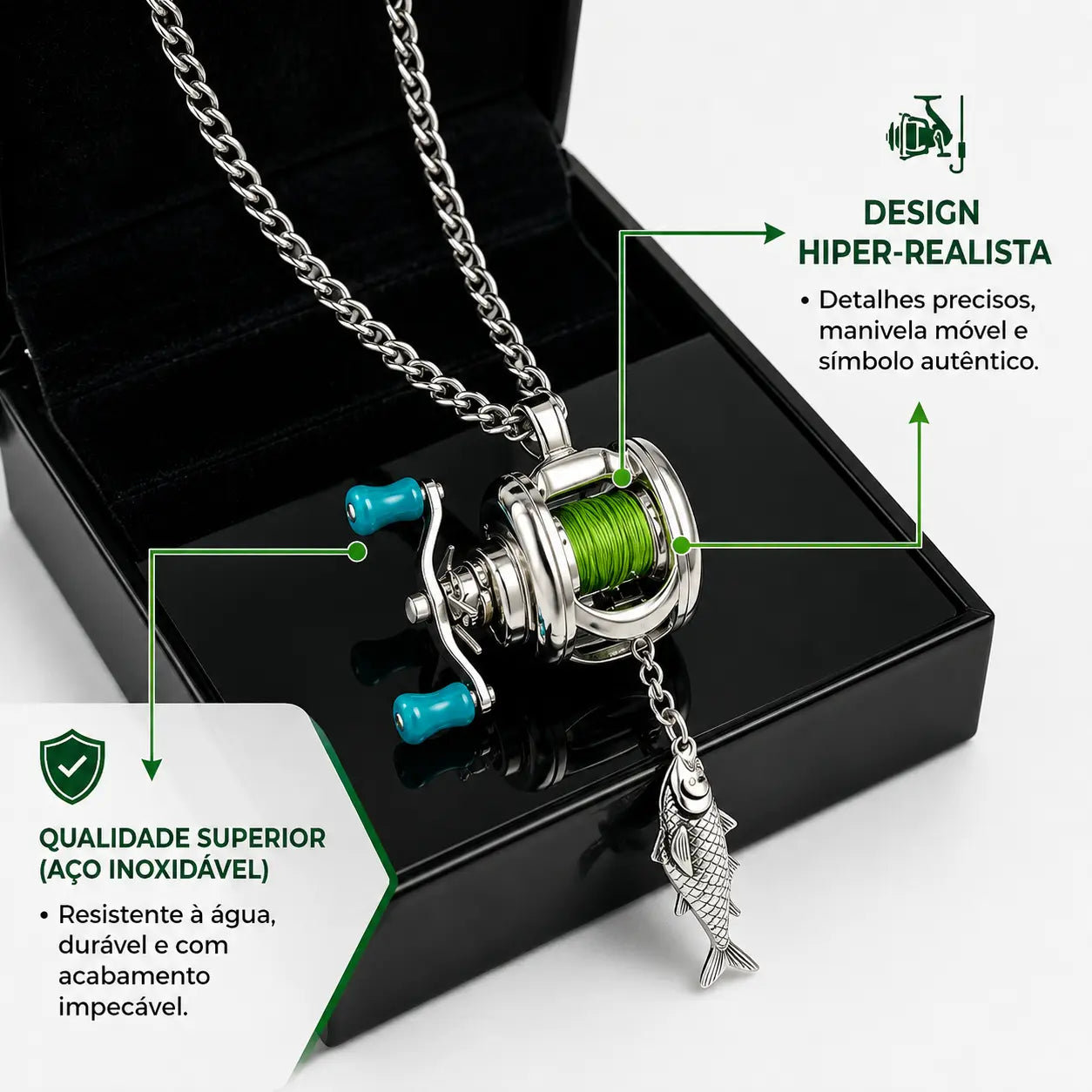FishChain — Colar Carretel de Pesca com Pingente de Peixe
