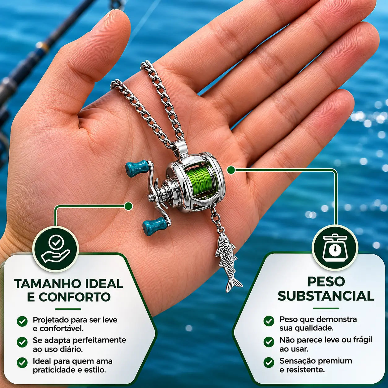 FishChain — Colar Carretel de Pesca com Pingente de Peixe